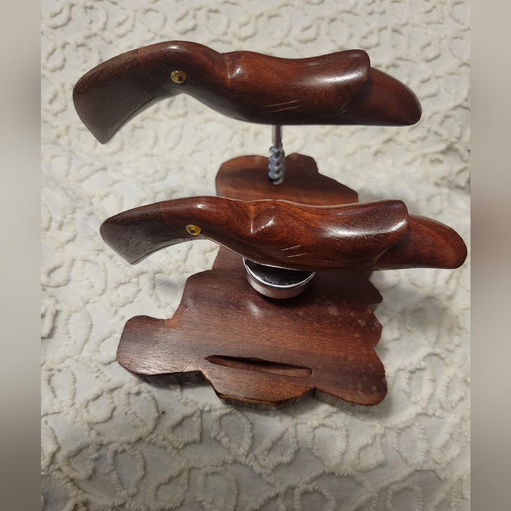Carved Wood Bird Cork And Corkscrew Display
